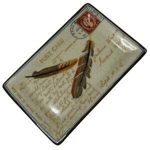 Tray Porcelain Feather Postcard Crackle Design Postage Stamp Home Decor HOMART
